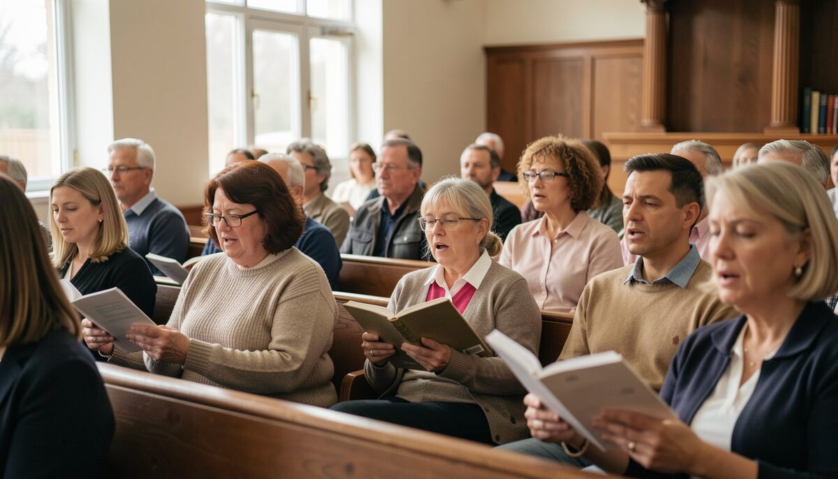 A congregation standing with open hymnals in wooden pews during congregational singing.