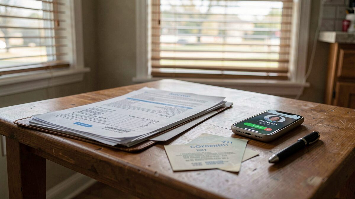 A kitchen table in a modest North Texas apartment, morning light through blinds, a folder of bills, a prenatal appointment card and a phone showing a 211 call screen, shot close and straight on.