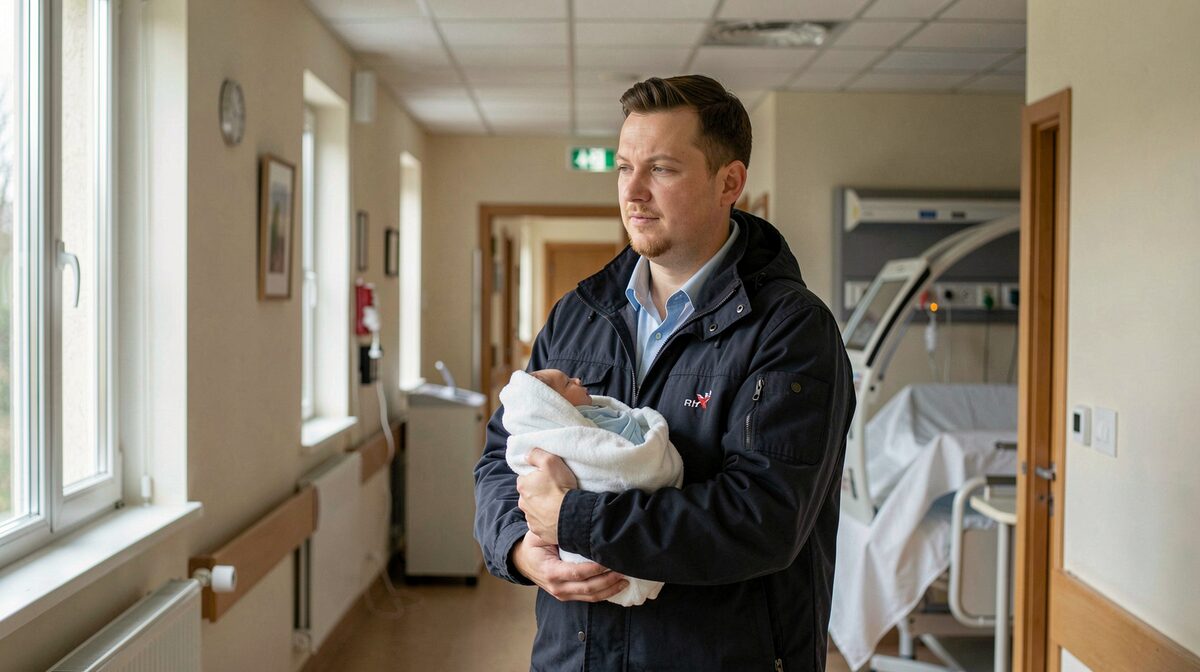 A Czech hospital corridor outside a delivery room, a man in a jacket holding a folded baby blanket, morning light from a window, medium shot.