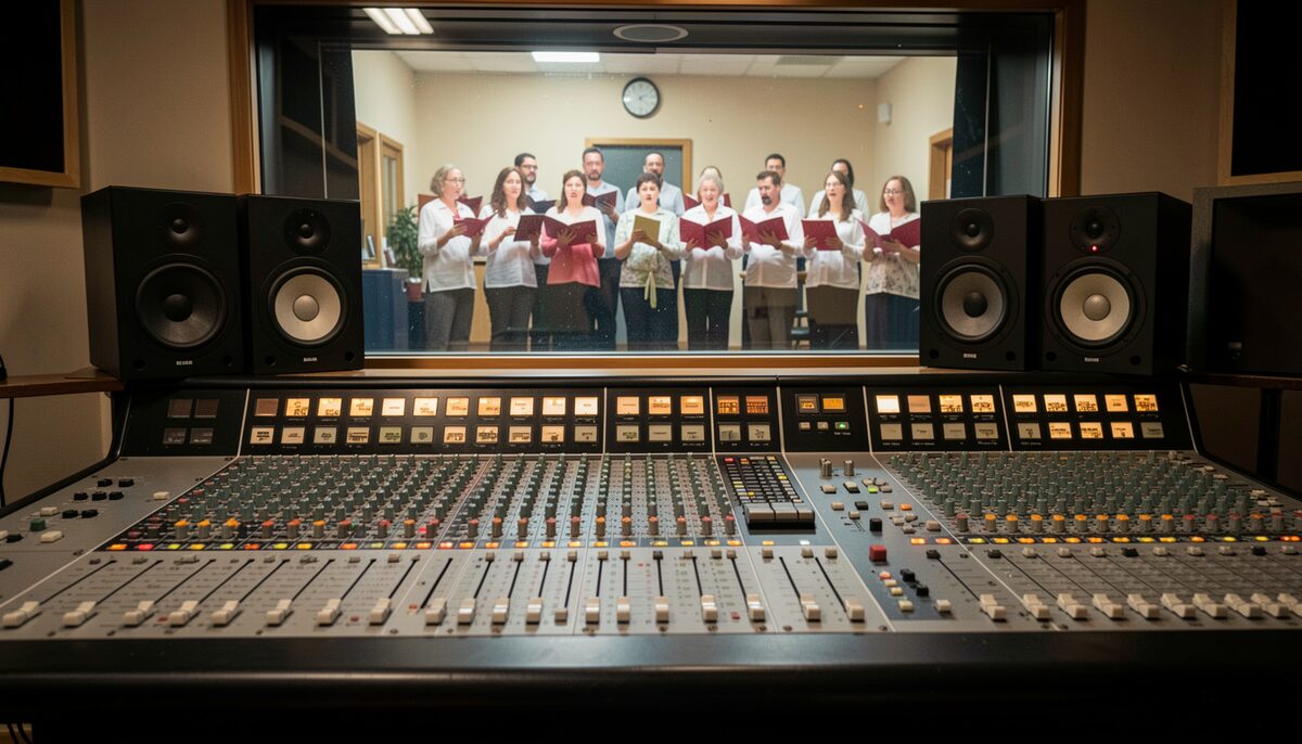 A small recording studio control room with a gospel choir visible through the glass.